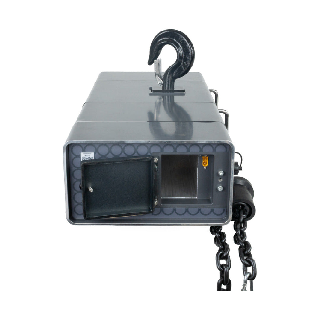 MODE FreeHoist 1 Ton electric chain hoist - end view with battery compartment open