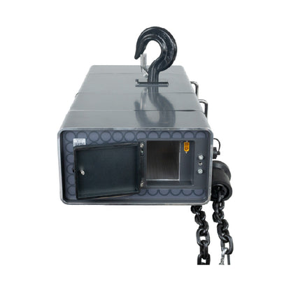 MODE FreeHoist 1 Ton electric chain hoist - end view with battery compartment open