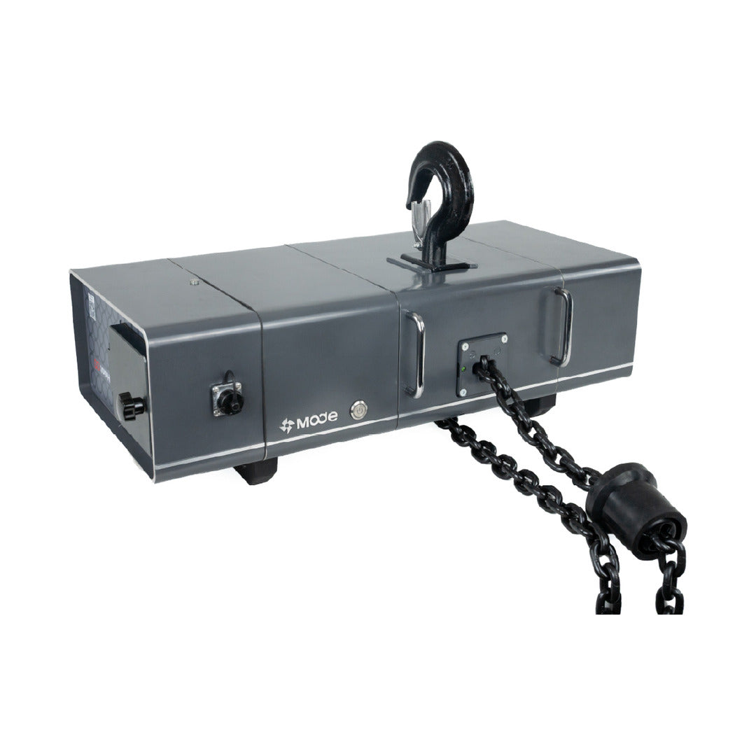 MODE FreeHoist 1 Ton electric chain hoist - three-quarter view with load chain and hook