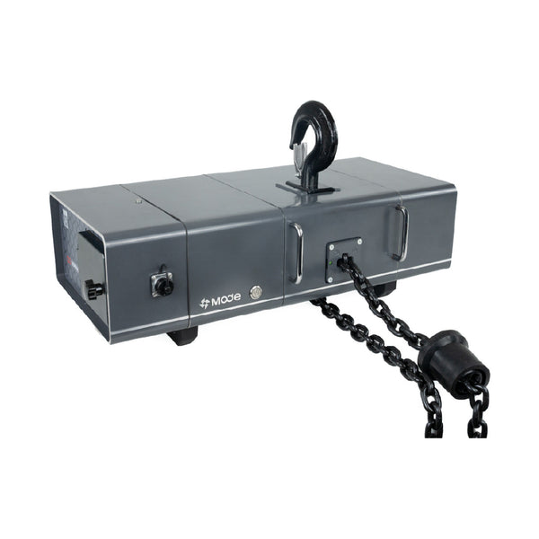 MODE FreeHoist 1 Ton electric chain hoist - three-quarter view with load chain and hook